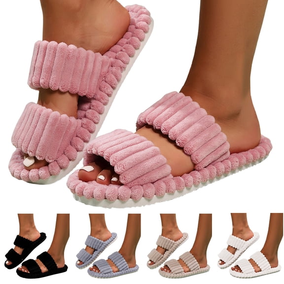 Pandaie Open Toe House Slippers for Women Memory Foam Bedroom Shoes Corduroy Two Bands Comfy Slip on Indoor Outdoor Slides Black 6