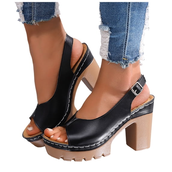 Pandaie Orthopedic High Heels for Women Open Toe Slingback Buckle Platform Wedge Chunky Heeled Sandals for Ladies Bride Wedding Party Dress Black Size 6.5