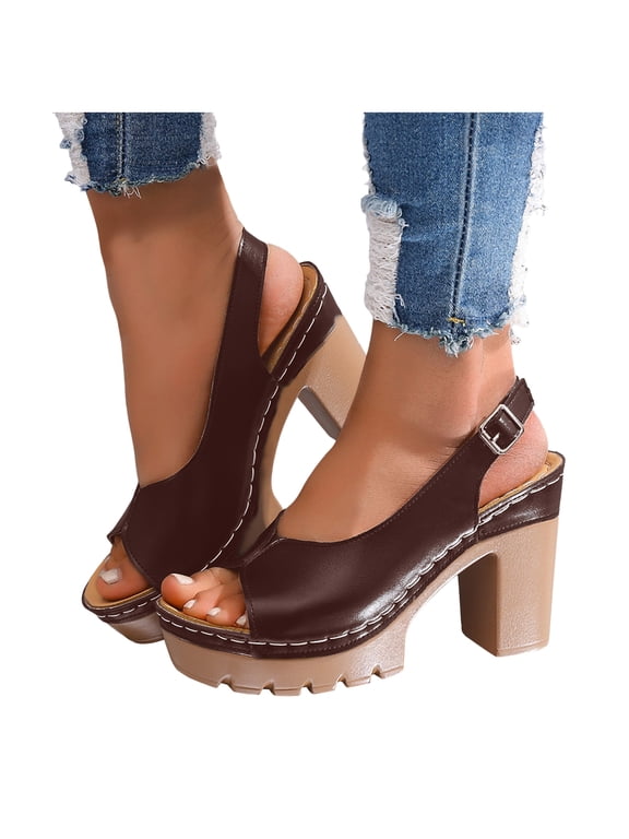 Orthopedic High Heels for Women Open Toe Slingback Buckle Platform Wedge Chunky Heeled Sandals for Ladies Bride Wedding Party Dress Brown Size 7.5