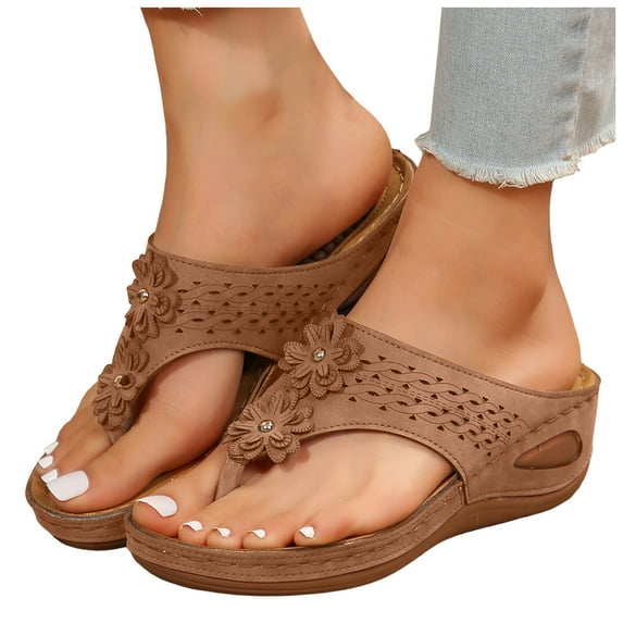 Pandaie Orthopedic Sandals for Women 2026 Summer Slip On Beach Flip Flops Dressy Arch Support Wedge Sandal Wide Width Flower Casual Slippers Brown Size 6.5