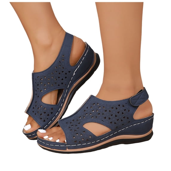 Pandaie Orthopedic Wedge Sandals for Women Arch Support Breathable Slingback Summer Beach Walking Shoes with Back Buckle Strap (Navy,7.5)