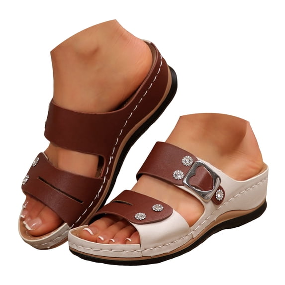 Pandaie Orthopedic Wedge Sandals for Women Open Toe Leather Slip on Slides Buckles Platform Summer Beach Walking Shoes with Arch Support Wine Size 7