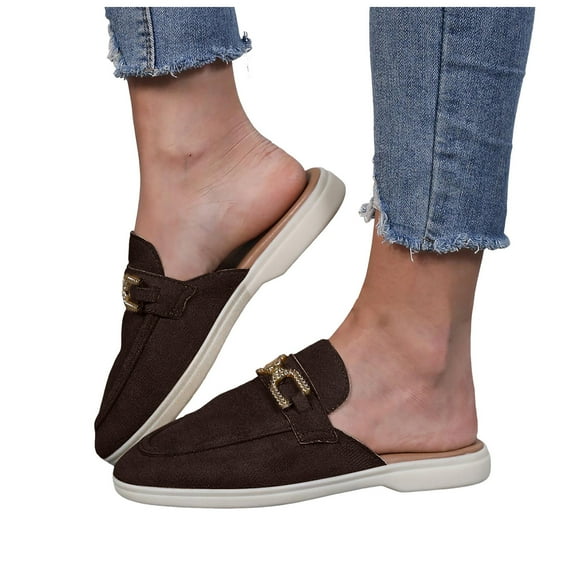Pandaie Penny Loafers for Women Comfortable Slip on Suede Loafer Mules Closed Toe Backless Slides Business Casual Dress Flats Shoes Brown Size 9