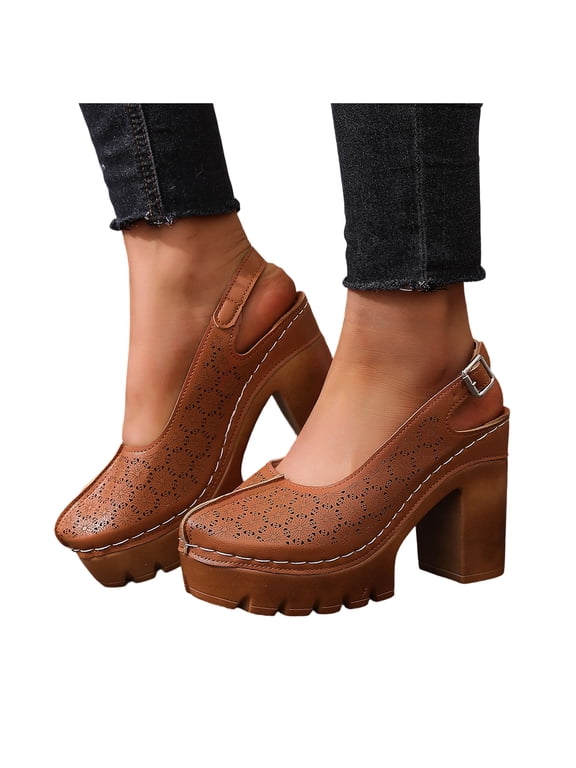 Platform Closed Toe Sandals for Women Breathable Orthopedic Slingback High Heels Chunky Heeled Flower Dressy Summer Wedding Shoes Brown Size 7