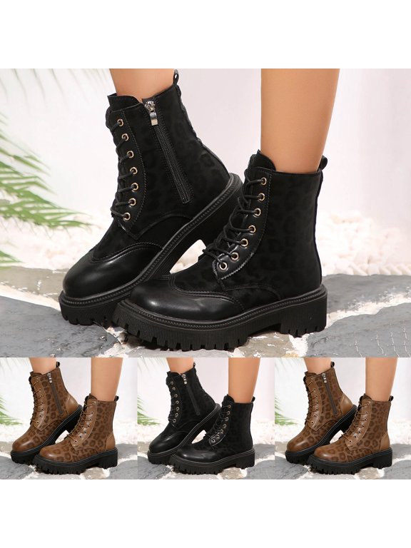 Platform Combat Boots for Women Lace up Hiking Camping Shoes Side Zipper Ankle Booties for Fall Winter Size 6-9.5