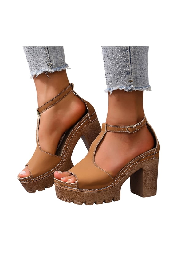 Platform High Heels for Women T Strap Chunky Heeled Sandals Open Toe Wedding Party Prom Dress Shoes with Ankle Strap Size 6-10