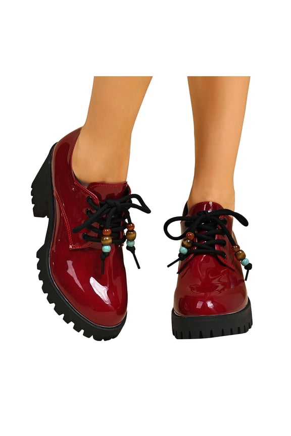 Platform Oxfords for Women Leather Lace up Chunky Loafers Ladies Casual Office Business Slip on Work Dress Pumps Shoes Red 9.5