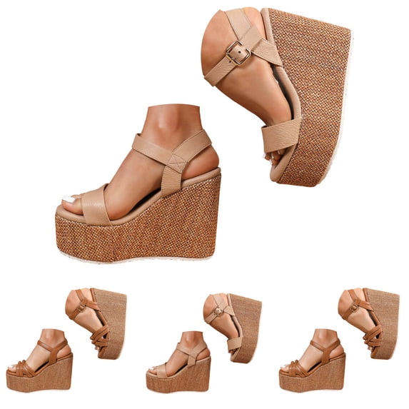 Pandaie Platform Sandals Women Ankle Strap Wedge Summer Beach Slides 4.72 Inch Open Toe Espadrille Dressy Slip on Sandal Brown 6