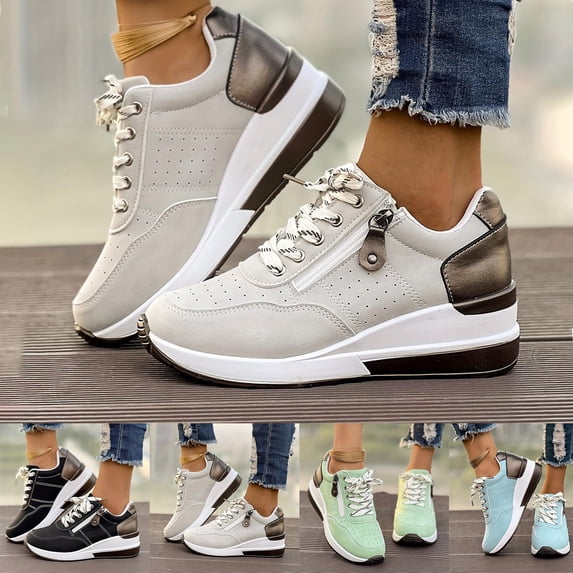 Pandaie Platform Sneakers for Women Wedge Non-Slip Comfortable Tennis Shoes Leather Chunky Fashion Casual Sneakers with Side Zipper for Walking Traveling Black 5.5
