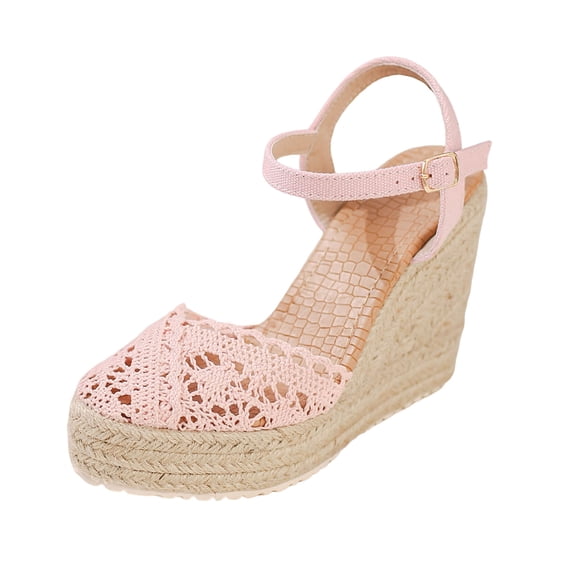 Pandaie Platform Wedge Sandals for Women 2026 Arch Support Summer Beach Slip on Espadrilles Ankle Buckles Hollow out Knit Walking Shoes Pink Size 6.5