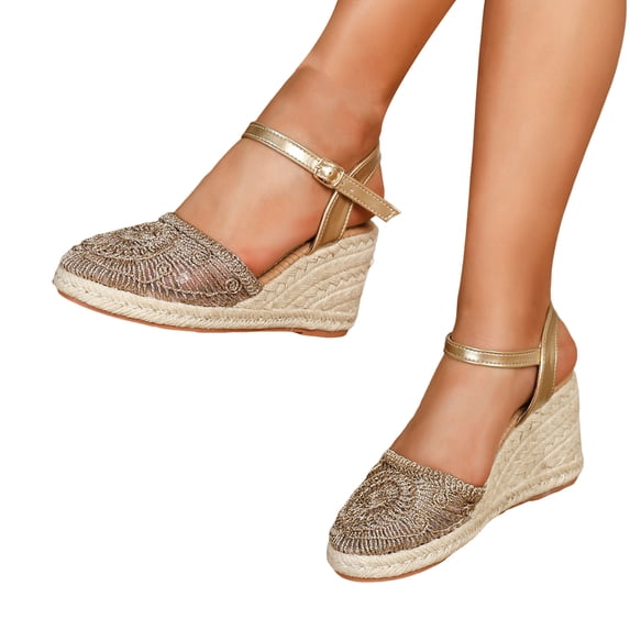 Pandaie Platform Wedge Sandals for Women Arch Support Knit Slip on Espadrille Breathable Ankle Strap Summer Beach Casual Shoes Brown Size 6