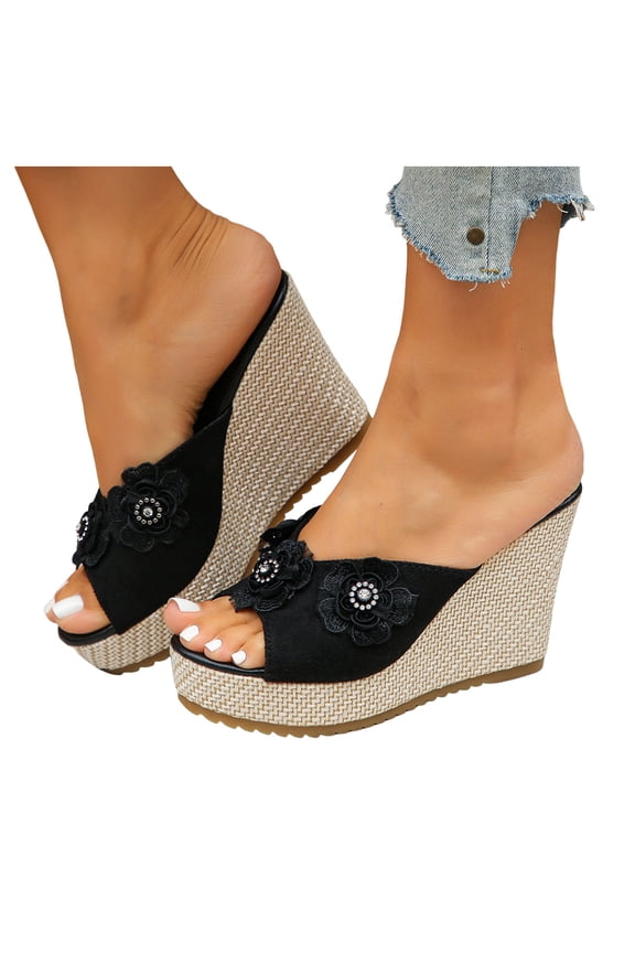 Womens Wedge Sandals Suede Flower Platform Slip on Slide Espadrille Open Toe Dressy Summer High Heels for Bridal Wedding Party Black Size 7.5
