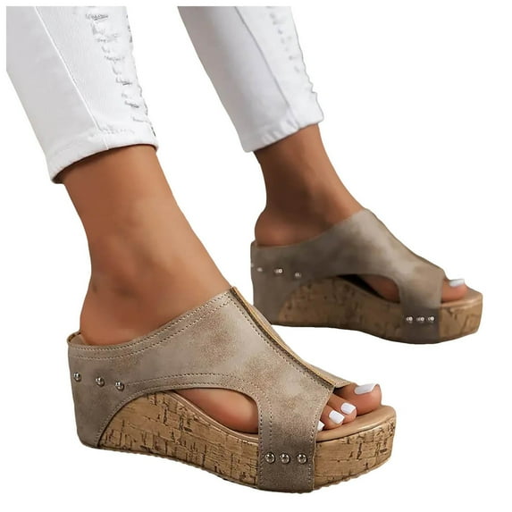 Pandaie Platform Wedge Sandals for Women Wide Width Summer Dressy Comfortable Open Toe Cork Wedges Slides for Casual Walking Grey,7.5