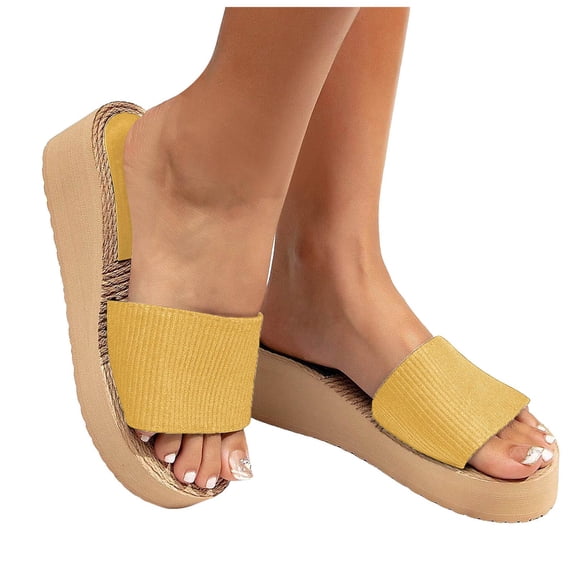 Pandaie Platform Wedges Sandals for Women Backless Slip on Open Toe Mules Summer Casual Beach Slides Walking Shoes Yellow Size 7.5