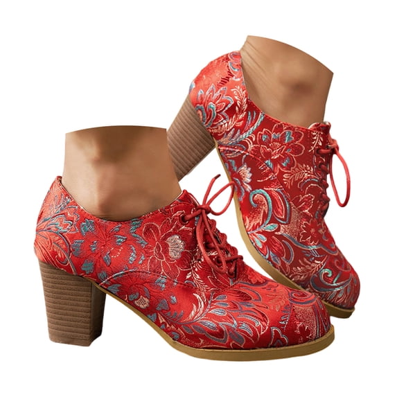Pandaie Retro Ankle Boots for Women Embroidery Floral Lace up Chunky Heel Casual Shoes 2026 Fashion Ladies Short Booties Red,8