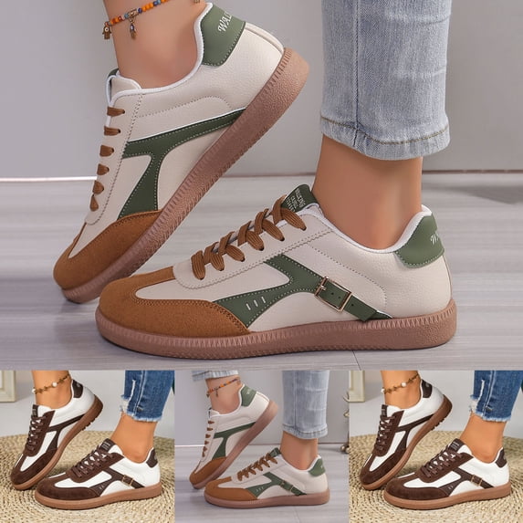 Pandaie Retro Gum Sole Fashion Sneakers for Women Casual Daily Walking Lace up Flat Shoes Tennis Non Slip Soft Cushioned Insole Trainers Size 6‑9