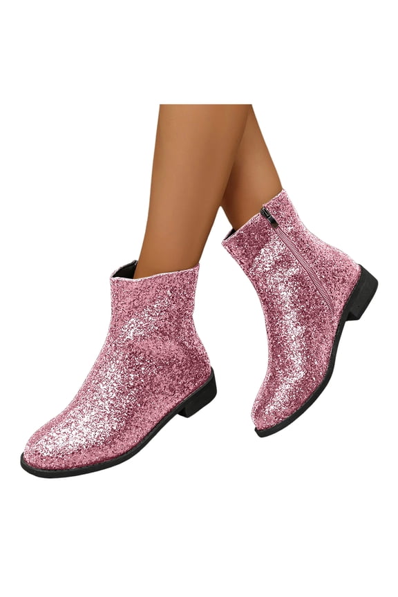Rhinestone Boots for Women Round Toe Sparkly Ankle Booties Ladies Low Heel Glitter Dressy Shoes for Wedding Party Prom Pink 9