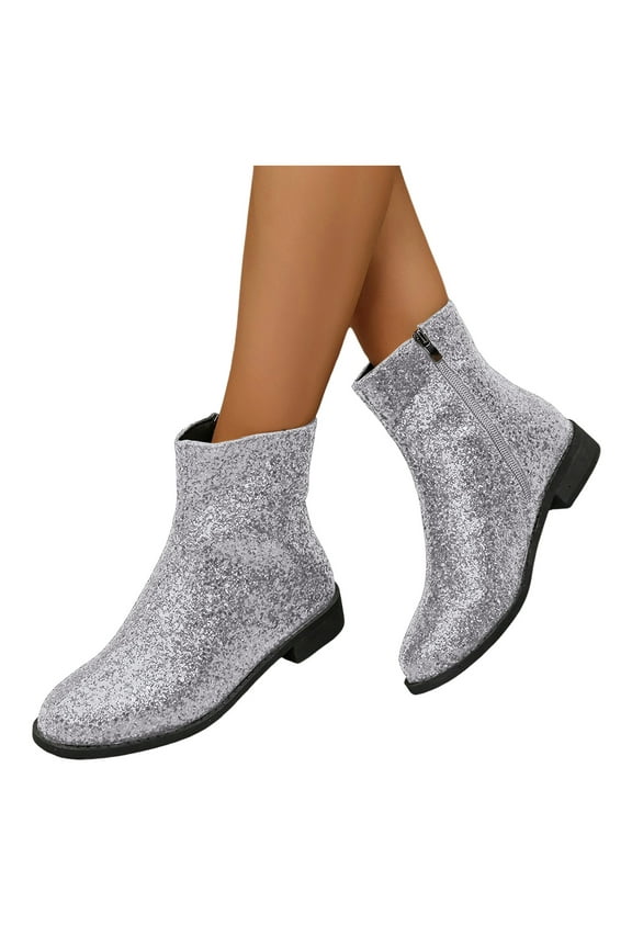 Rhinestone Boots for Women Round Toe Sparkly Ankle Booties Ladies Low Heel Glitter Dressy Shoes for Wedding Party Prom Silver 9.5