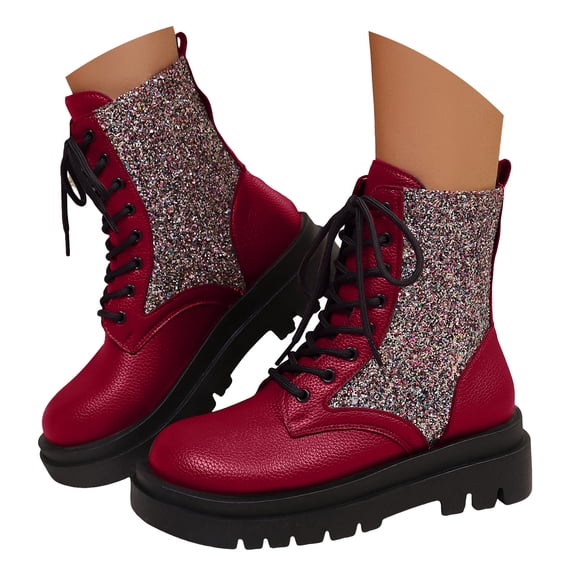 Pandaie Rhinestone Combat Boots Women Military Motorcycle Riding Booties Platform Lace up Chunky Heel Ankle Boots Red 6