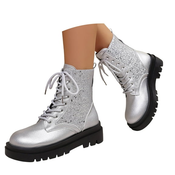 Pandaie Rhinestone Combat Boots Women Military Motorcycle Riding Booties Platform Lace up Chunky Heel Ankle Boots Silver 7.5