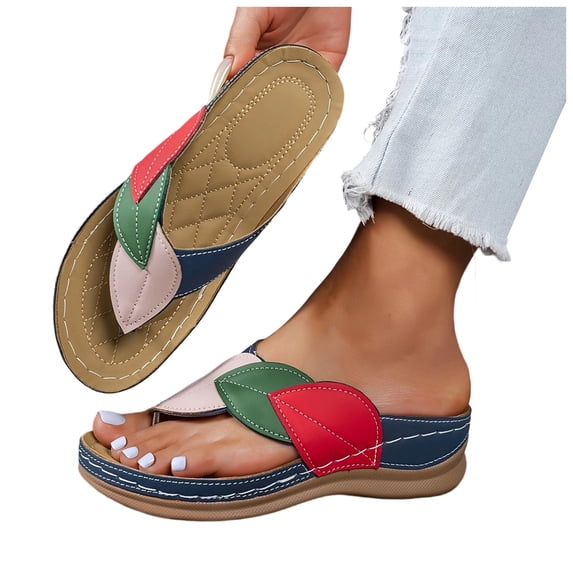 Pandaie Sandals Women 2026 Orthopedic Wedge Flip Flops with Arch Support Color Block Summer Beach Casual Slip on Slides Size 6-10