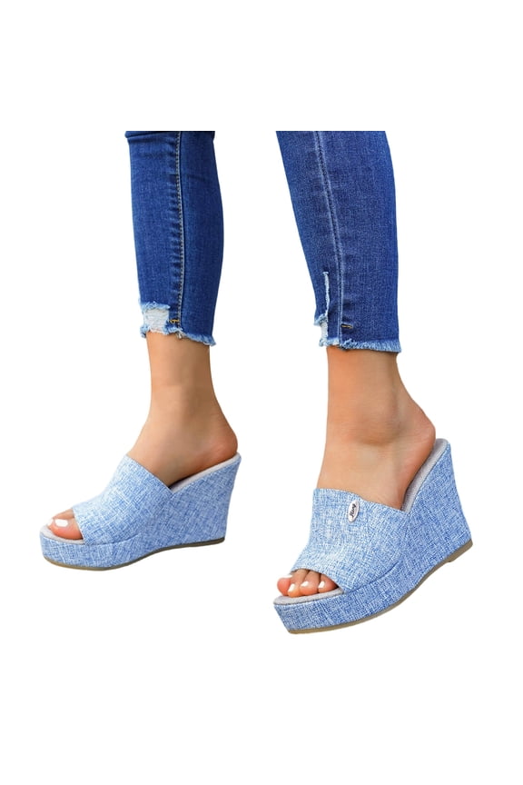 Slip on Wedge Sandals for Women Comfortable Platform Espadrilles Dressy Summer Open Toe Canvas Slides for Outdoor Beach Vacation Size 6-10 Light Blue