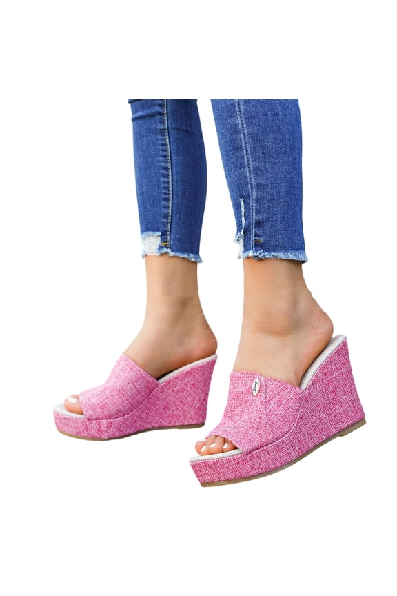 Slip on Wedge Sandals for Women Comfortable Platform Espadrilles Dressy Summer Open Toe Canvas Slides for Outdoor Beach Vacation Size 6-10 Pink