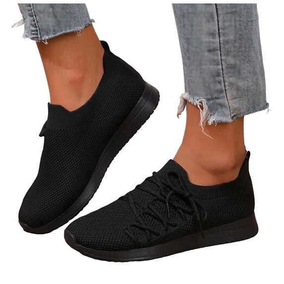 Pandaie Slip on Sneakers Women Walking Shoes Side Lace up Tennis Lightweight Breathable Mesh Nurse Orthopedic Workout Gym Sport Shoes (Black,6)
