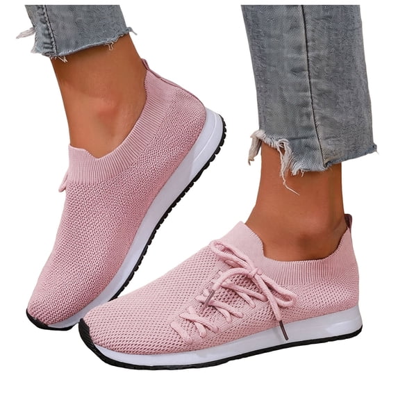 Pandaie Slip on Sneakers Women Walking Shoes Side Lace up Tennis Lightweight Breathable Mesh Nurse Orthopedic Workout Gym Sport Shoes (Red,8.5)