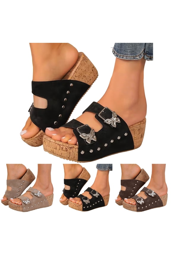 Slip on Wedge Sandals for Women Comfortable Platform Slides Dressy Casual Summer Beach Cork Footbed Shoes 2026 Black Size 8.5