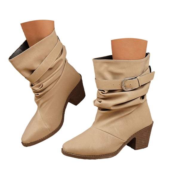 Pandaie Slouchy Ankle Boots for Womens Cowboy Pointed Toe Low Heel Buckle Strap Classic Cowgirl Fall Booties Size 6-9.5