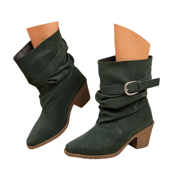 Pandaie Slouchy Ankle Boots for Womens Cowboy Pointed Toe Low Heel Buckle Strap Classic Cowgirl Fall Booties Size 6-9.5