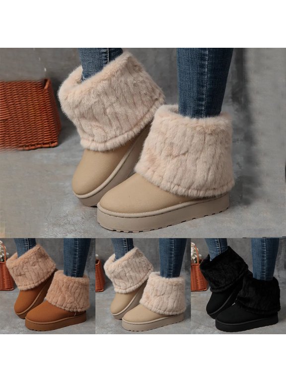 Snow Boots for Women Faux Fleece Cuff Suede Mid Calf Warm Winter Ankle Booties Fleece Lined Platform Flat Sole Outdoor Shoes AG 6.5