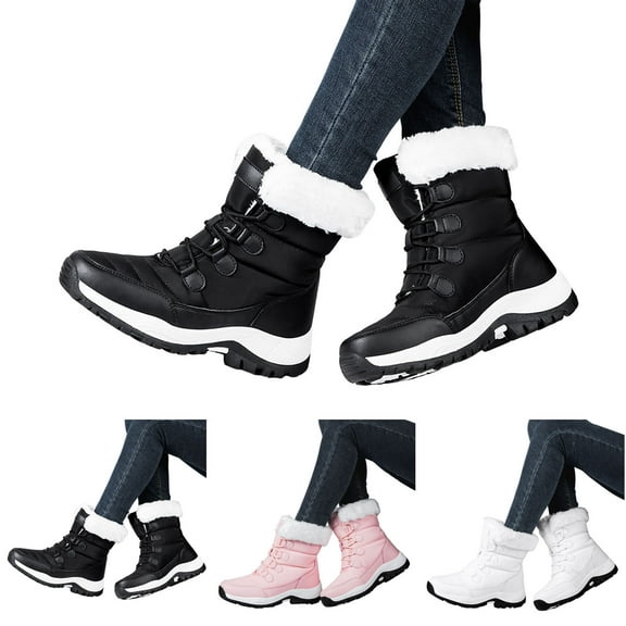 Pandaie Snow Boots for Women Waterproof Mid Calf Winter Booties Fleece Lined Lace up Non Slip Outdoor Shoes with Arch Support Black 6