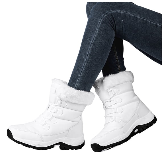 Pandaie Snow Boots for Women Waterproof Mid Calf Winter Booties Fleece Lined Lace up Non Slip Outdoor Shoes with Arch Support White 8