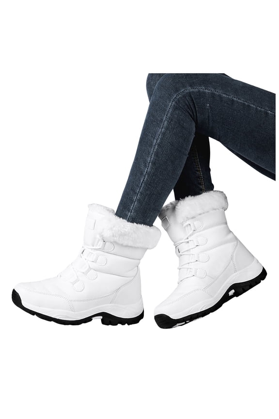 Snow Boots for Women Waterproof Mid Calf Winter Booties Fleece Lined Lace up Non Slip Outdoor Shoes with Arch Support White 8