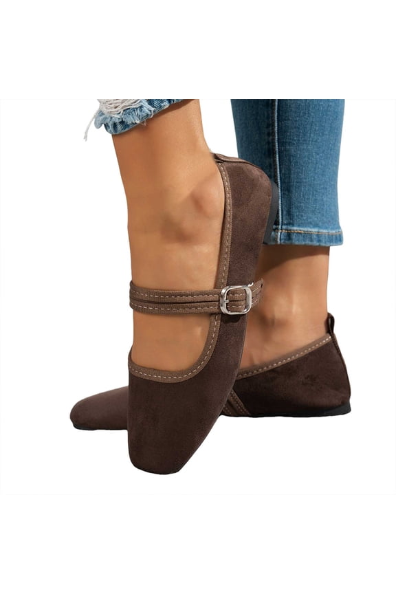 Suede Ballet Flats Shoes for Women Comfortable Square Toe Mary Jane Dressy Casual Wide Width Ballerina Shoes with Buckle Coffee 7