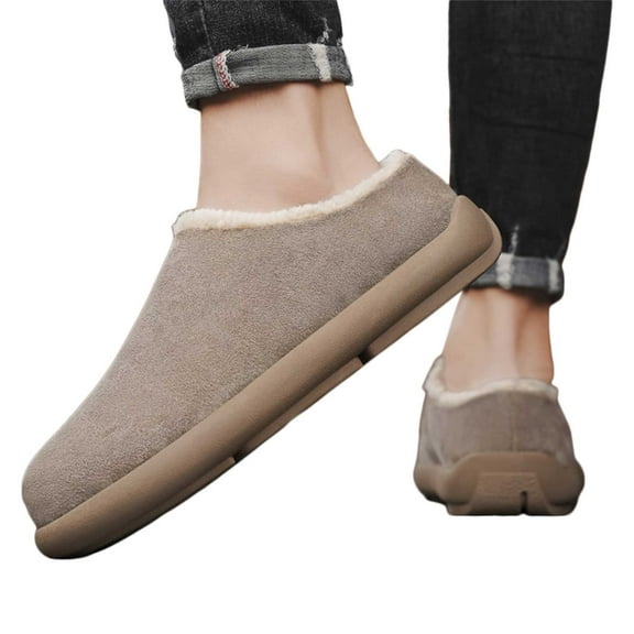 Pandaie Suede Fuzzy Slippers for Men Winter Warm Slip on House Shoes Memory Foam Indoor Outdoor Work Shoes for Walking Driving Brown 8.5