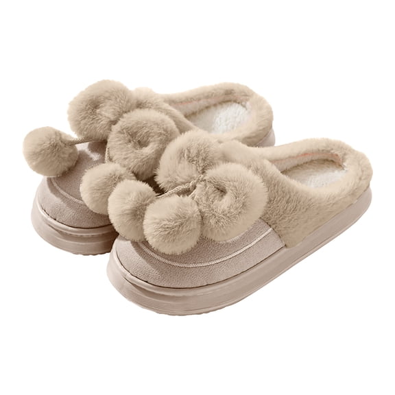 Pandaie Suede House Slippers for Women Pompoms Bow Slip on Home Shoes Platform Plush Fuzzy Bedroom Slipper Indoor Outdoor Khaki 10.5