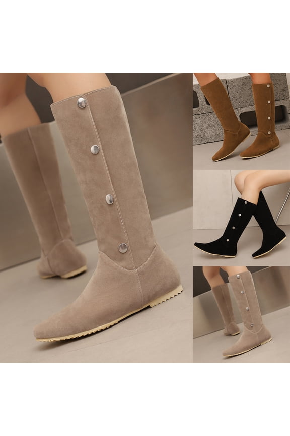 Suede Knee High Flat Boots for Women Fold Over Snap Buttons Non Slip Fashion Western Long Boot Size 5-10.5