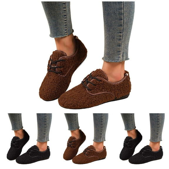 Pandaie Suede Loafers Flats for Women Lace up Plush Winter Shoes Comfortable Slip on Moccasin Slippers Fuzzy Fashion Sneakers Black 6