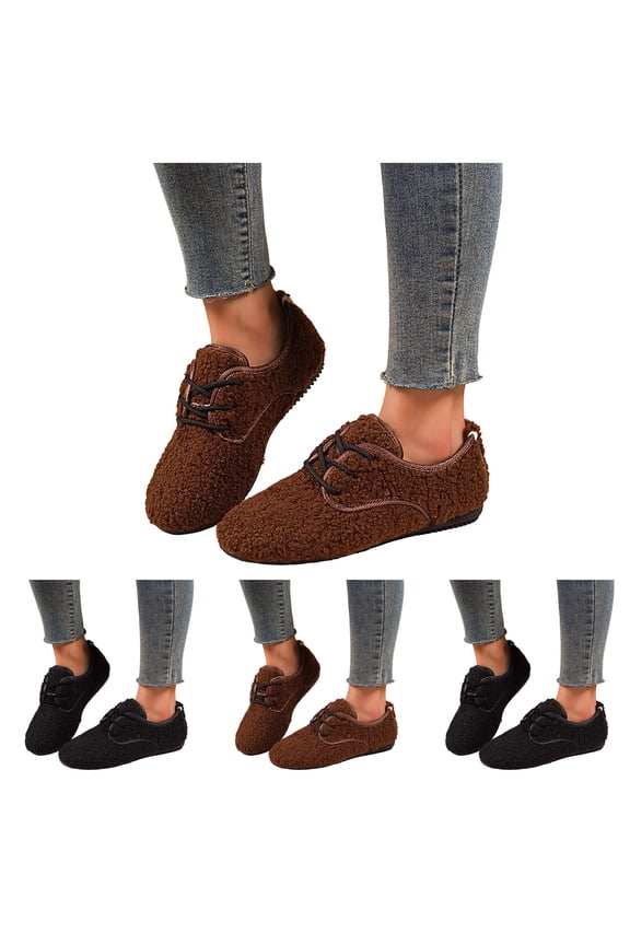 Suede Loafers Flats for Women Lace up Plush Winter Shoes Comfortable Slip on Moccasin Slippers Fuzzy Fashion Sneakers Black 6