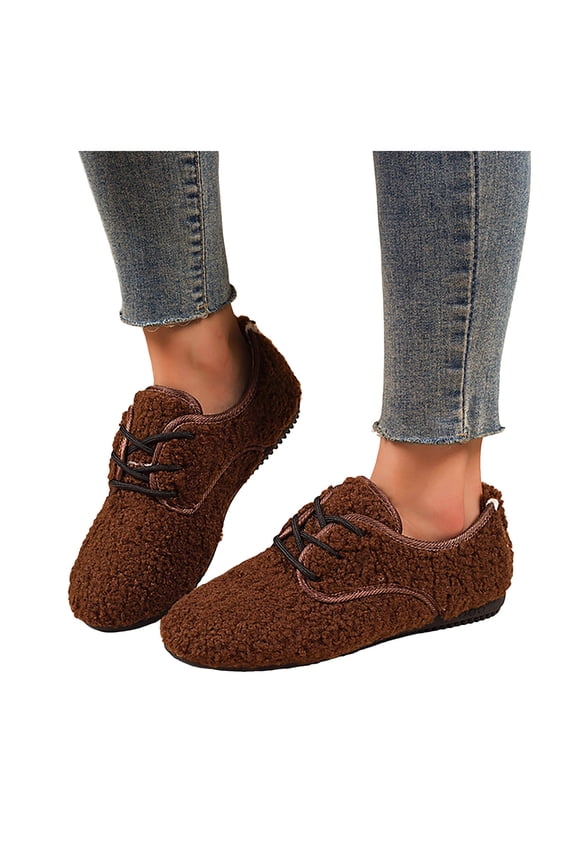 Suede Loafers Flats for Women Lace up Plush Winter Shoes Comfortable Slip on Moccasin Slippers Fuzzy Fashion Sneakers Coffee 7.5