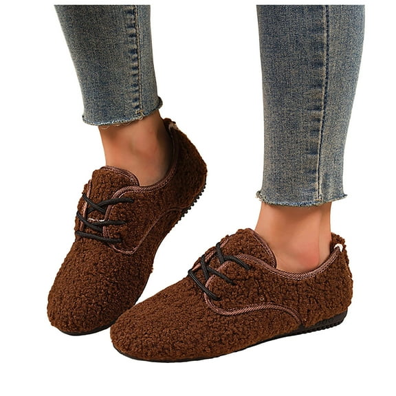 Pandaie Suede Loafers Flats for Women Lace up Plush Winter Shoes Comfortable Slip on Moccasin Slippers Fuzzy Fashion Sneakers Coffee 9.5