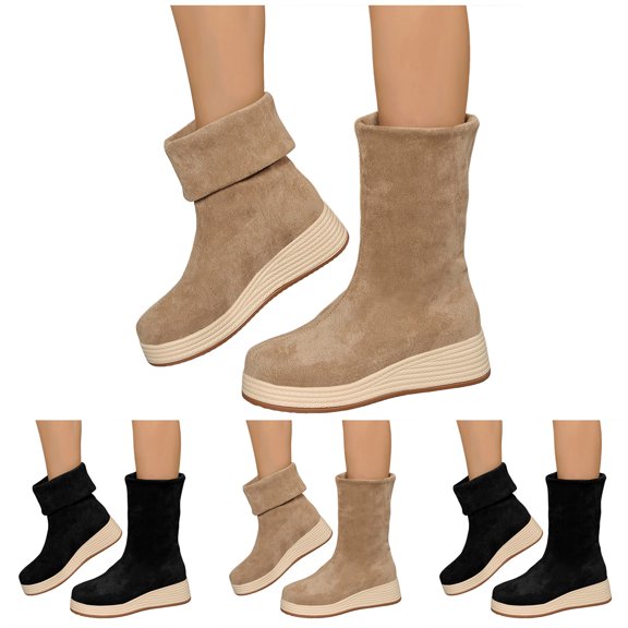 Pandaie Suede Winter Boots for Women Wide Calf Sock Booties Wedge Heel Platform Sneakers Warm Walking Running Casual Shoes Black 6
