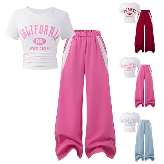 Pandaie Teen Girls Clothes 2 Piece Outfit Short Sleeve Graphic T-Shirt Top Straight Wide Leg Pants Loose Clothing Set Size 7-11 Years