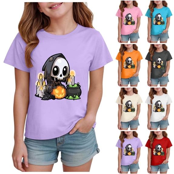 Pandaie Teen Girls Short Sleeve Tee Halloween Kids T-shirt Casual Daily Print Top Clothes Toddler Girl Summer Shirts Beige,2-3 Years