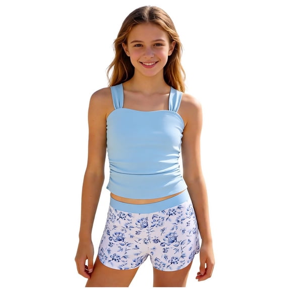 Pandaie Teen Girls Tankini Swimsuit Floral Print 2 Piece Bathing Suit Boyshort Drawstring Padded Summer Beach Swimwear 9-10 Years Sky Blue