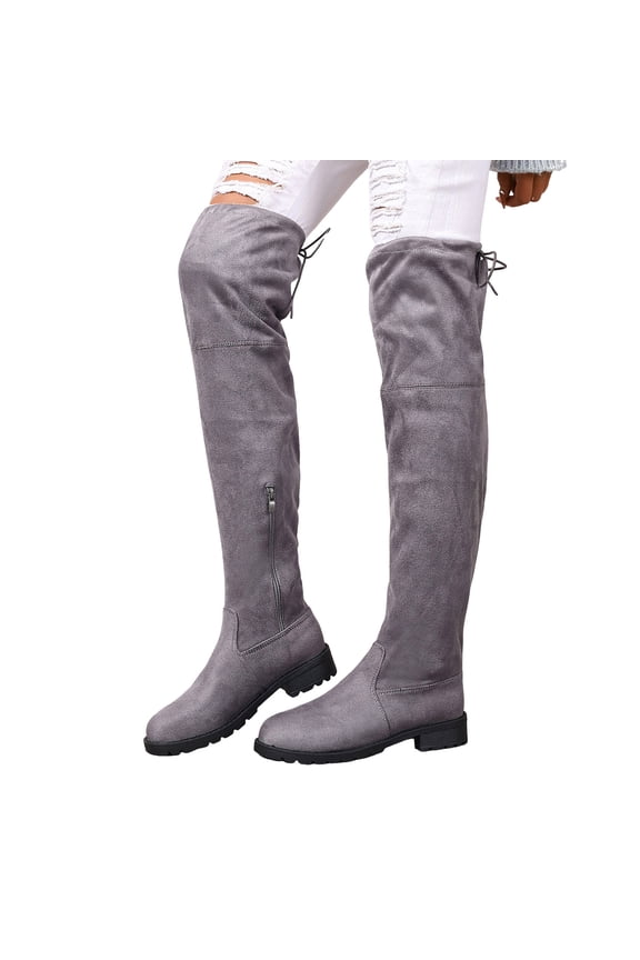 Thigh High Over The Knee Boots for Women Low Block Heel Riding Boots Round Toe Stretch Walking Fall Winter Shoes Grey 8