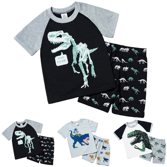Pandaie Toddler Baby Boy Summer Clothes 2T 3T 4T 5T Boys Outfit Dinosaur Short Sleeve T-Shirt Tops Elastic Waist Shorts Set 2-3 Years Black
